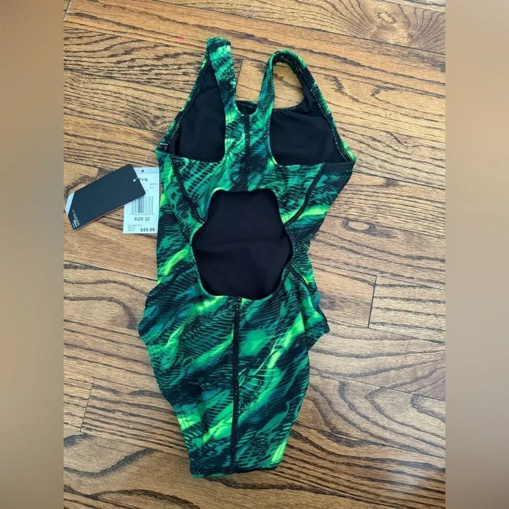 NWT New TYR Racing Swimsuit Durafast Lite Cadence Maxfit Green Black Print 22